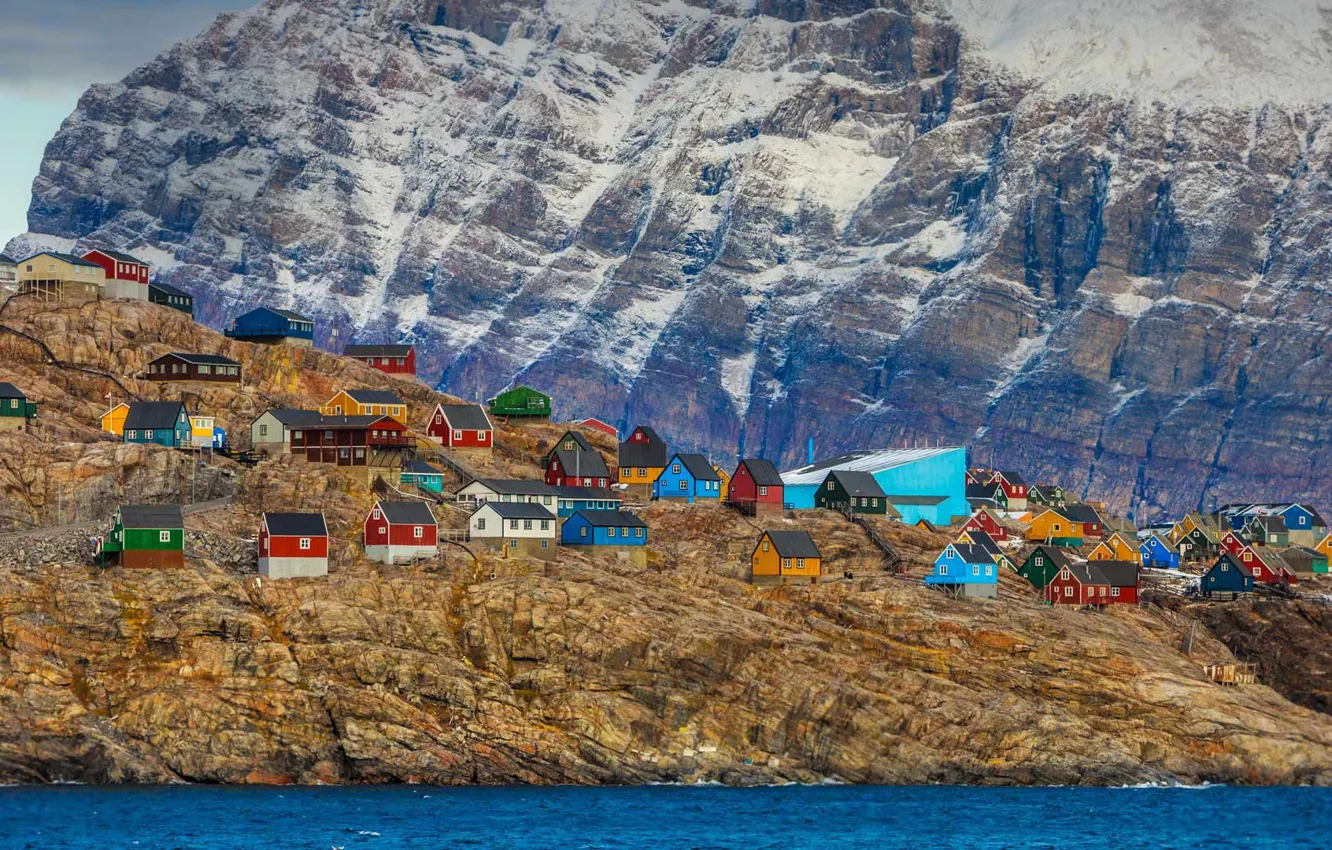 Фото обои море, горы, скала, дома, Гренландия, Уманак