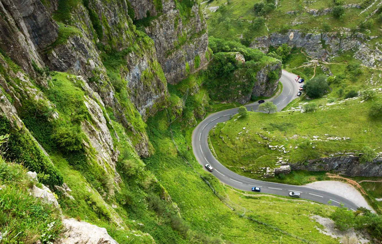 Фото обои дорога, скалы, Англия, Сомерсет, ущелье Чеддер