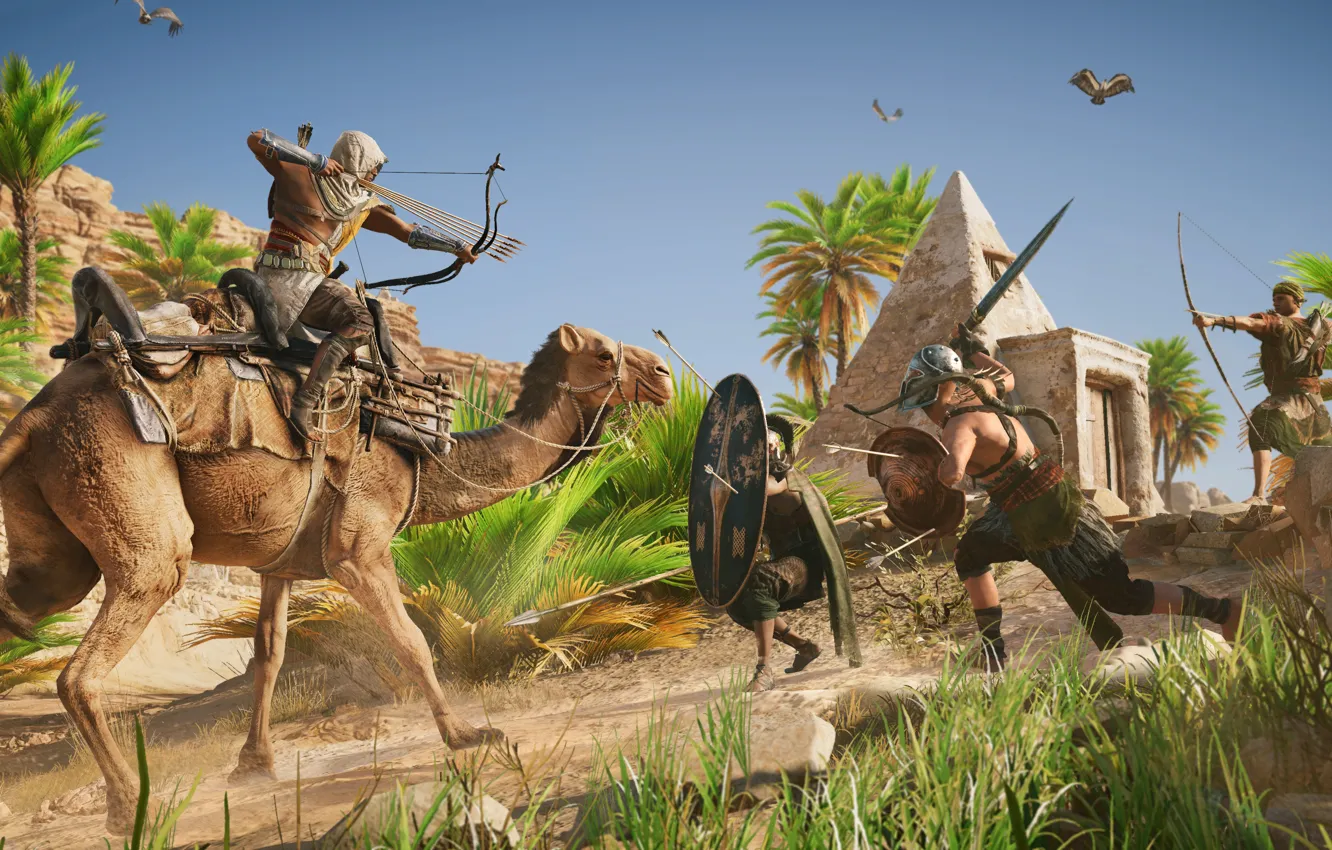 Фото обои верблюд, Египет, ассасин, Assassin's Creed Origins