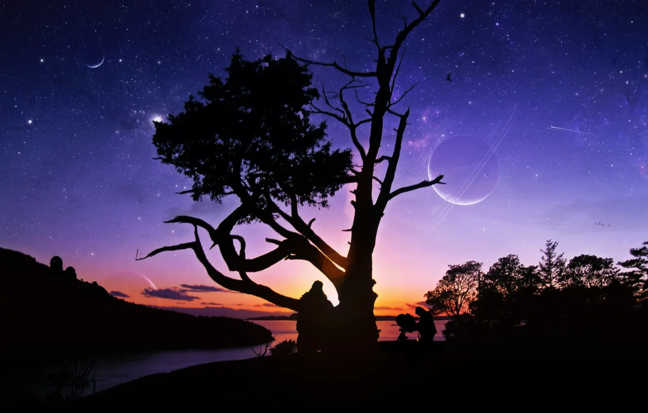 Фото обои звезды, закат, река, люди, дерево, планеты, телескоп