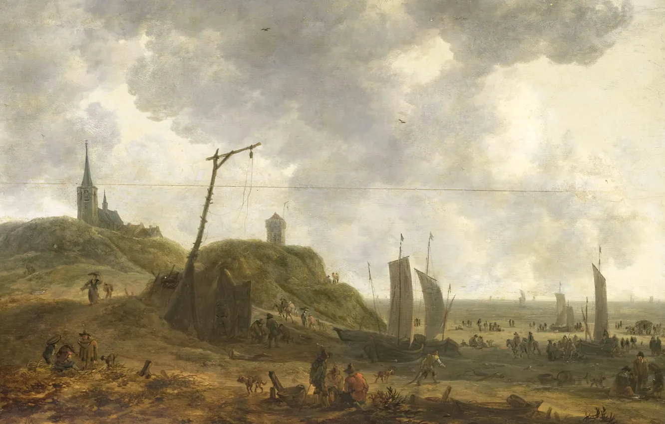Фото обои пейзаж, масло, картина, 1670, Адриан ван дер Кабель, Adriaen van der Kabel, Пляж в Катвейке