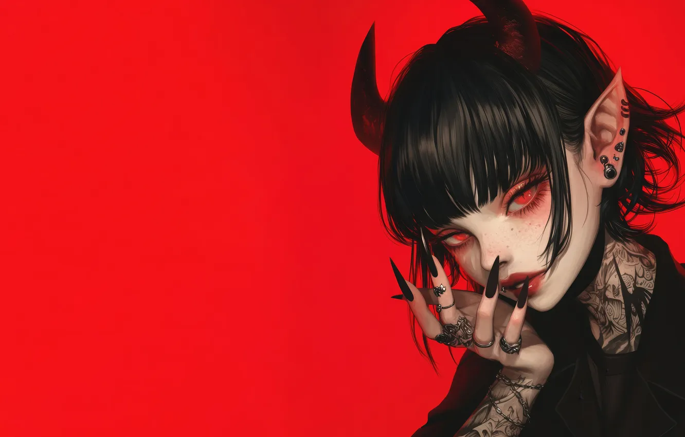 Фото обои Girl, Devil, Anime, Red Eyes, Women, Tattoo, Demon, Horn