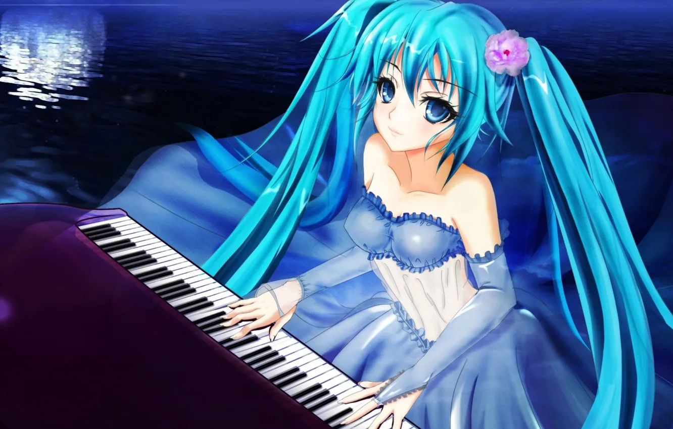 Фото обои вода, ночь, луна, аниме, рояль, арт, vocaloid, hatsune miku