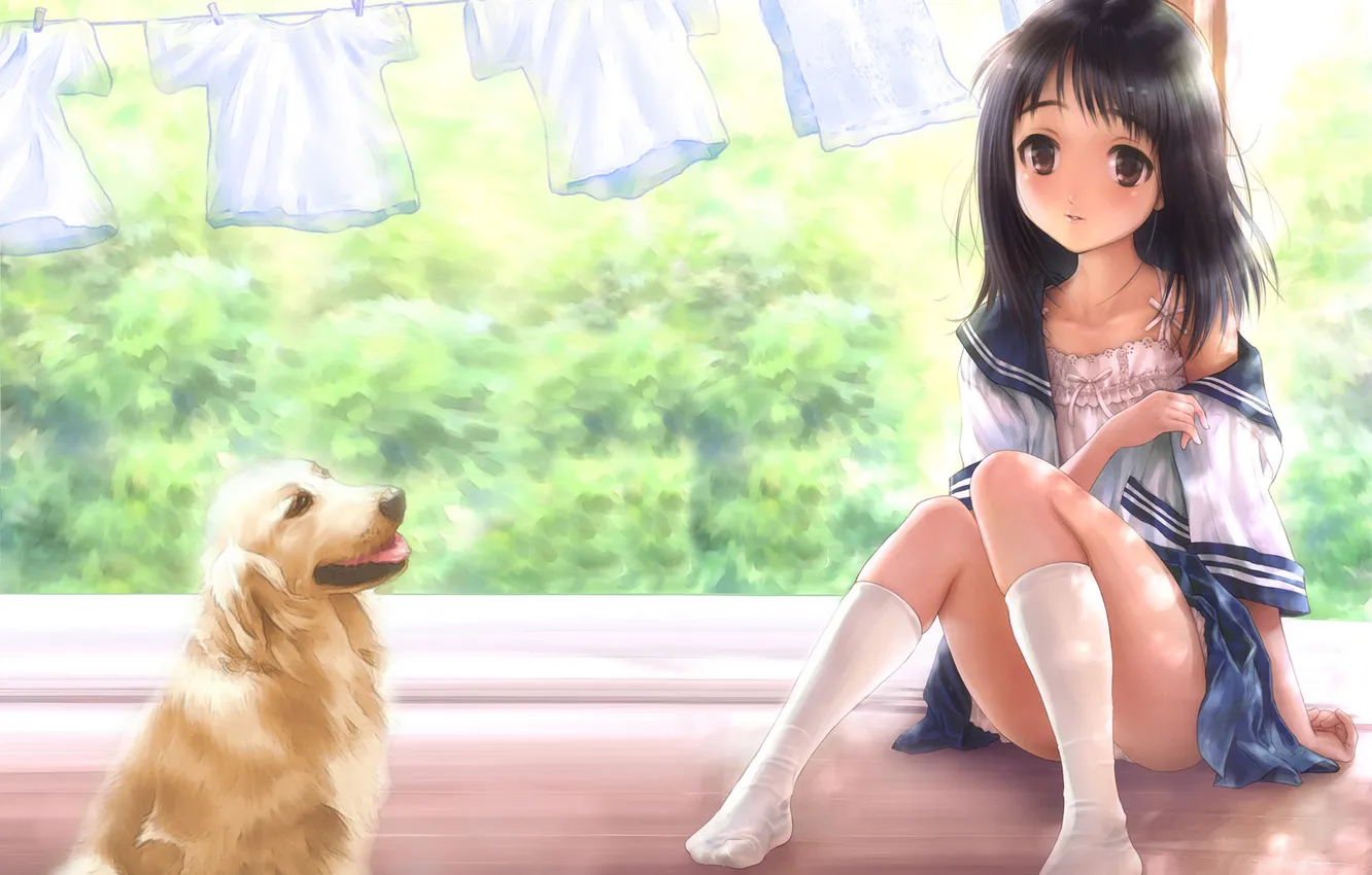 Фото обои лето, собака, аниме, девочка