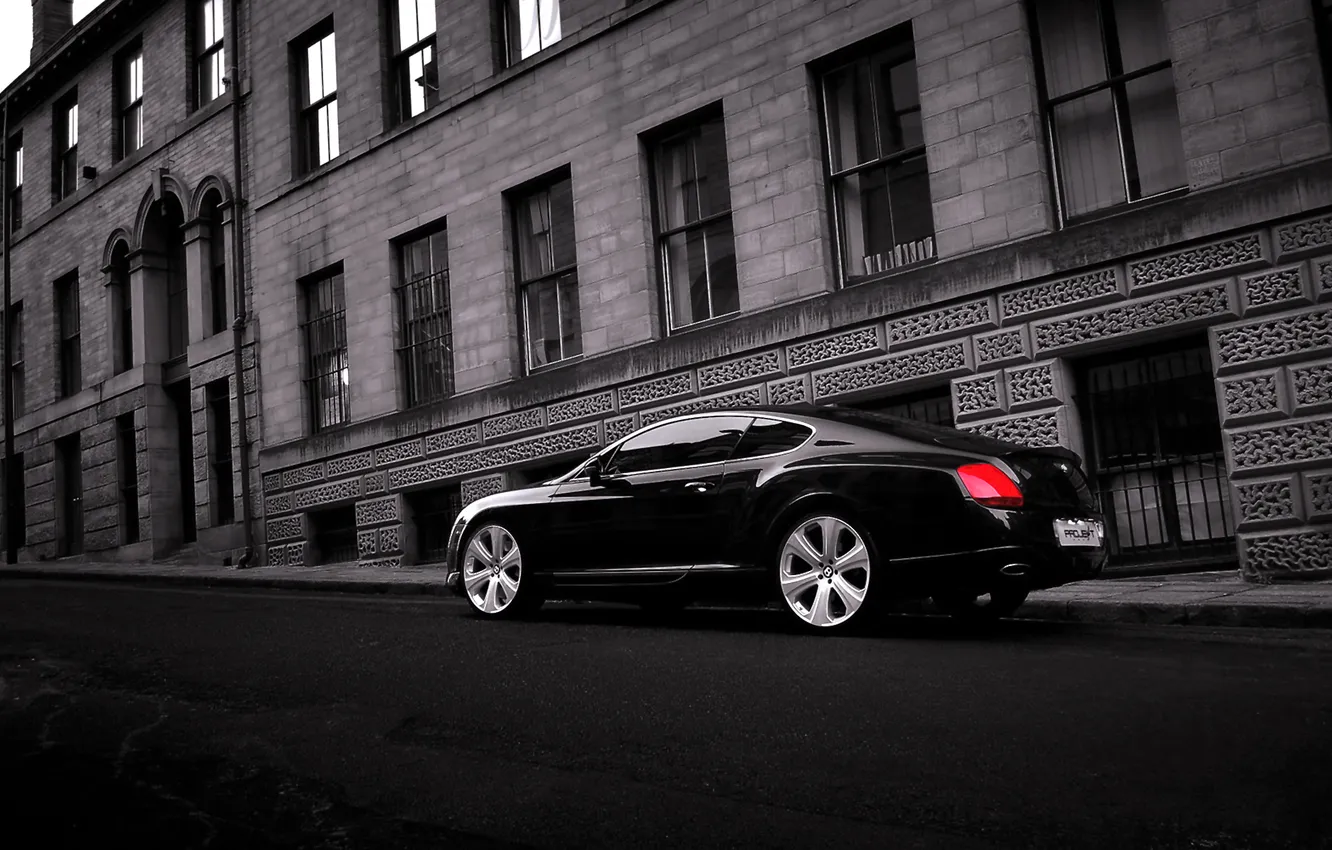 Фото обои Авто, Bentley, Continental, Черный, Город, Машина, Здания, Вид сбоку
