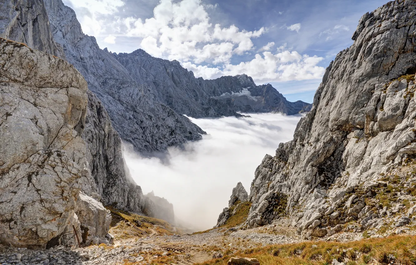 Фото обои облака, камни, скалы, гора, Бавария, Альпы, тропинка, Zugspitze