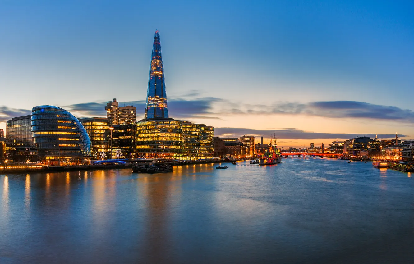 Фото обои мост, город, река, Англия, Лондон, здания, вечер, освещение