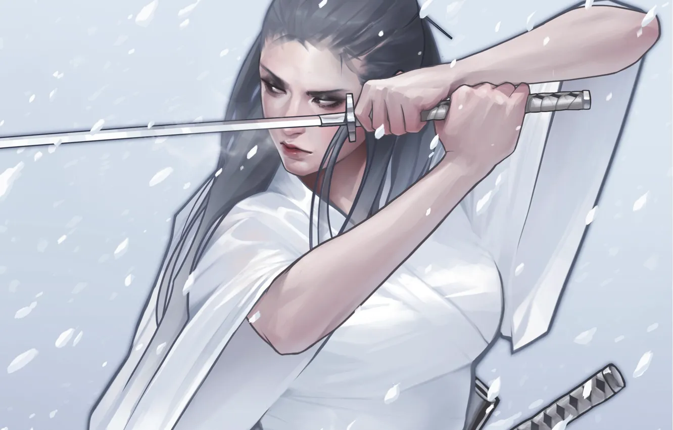 Фото обои взгляд, девушка, снег, оружие, катана, арт, кимоно