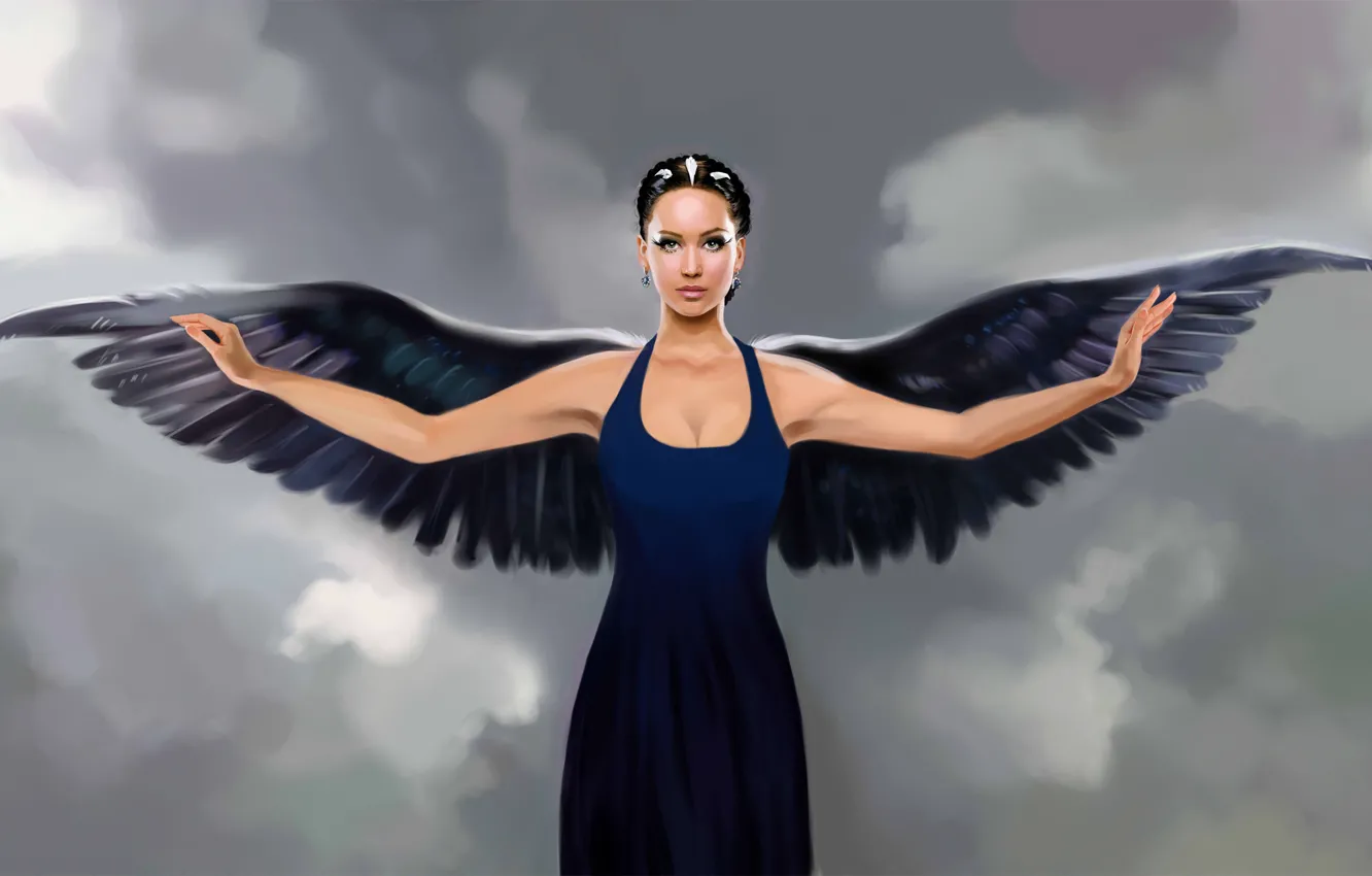 Фото обои взгляд, девушка, лицо, фантастика, крылья, ангел, руки, платье