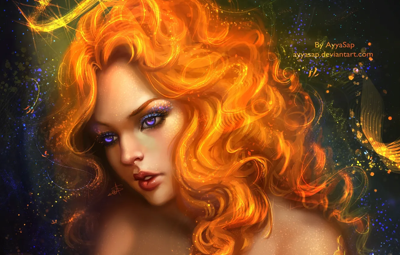 Фото обои девушка, русалка, чешуя, корона, арт, рыжие волосы, AyyaSap, Mermaid Queen