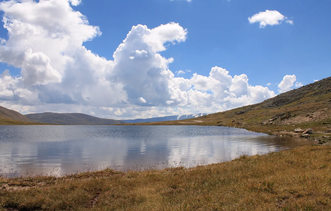 Фото обои облака, оранжевый, озеро, отражение, голубой, Россия, путешествие, Алтай