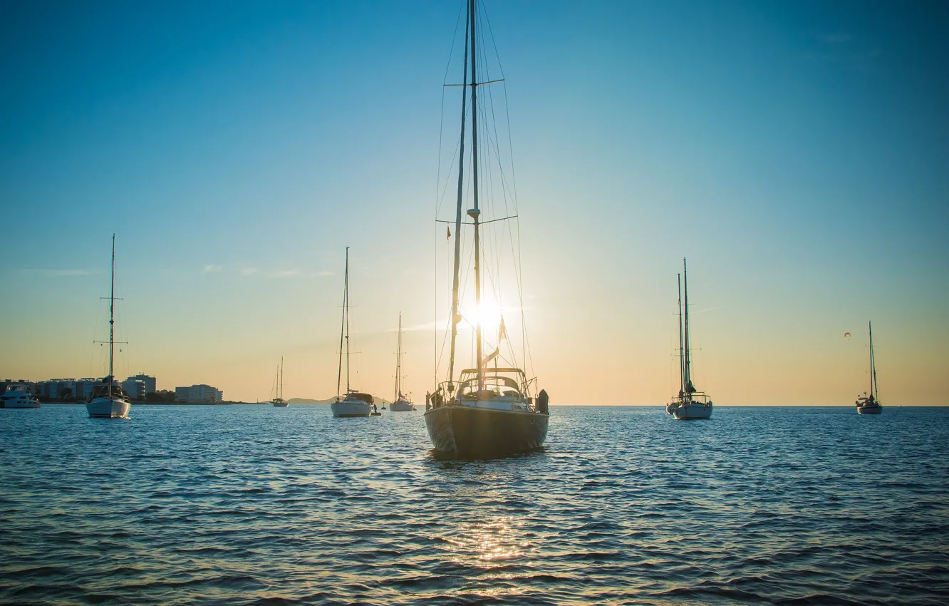 Фото обои море, бухта, яхты, утро, Ibiza, Sail escort