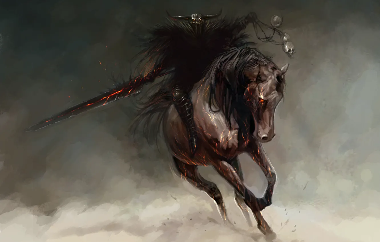 Фото обои темнота, фон, огонь, конь, меч, черепа, шлем, Всадник апокалипсиса