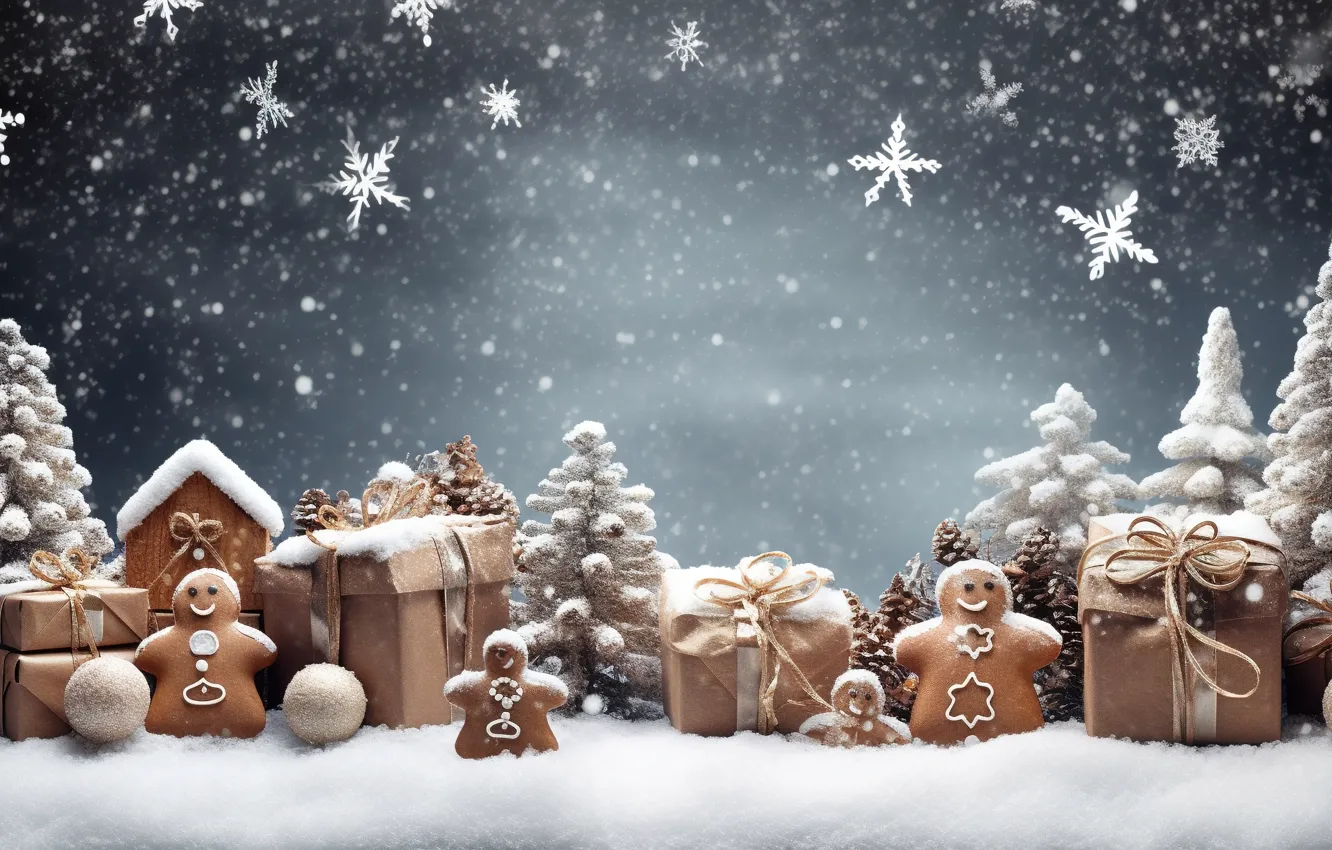 Фото обои зима, снег, Новый Год, Рождество, подарки, new year, Christmas, winter