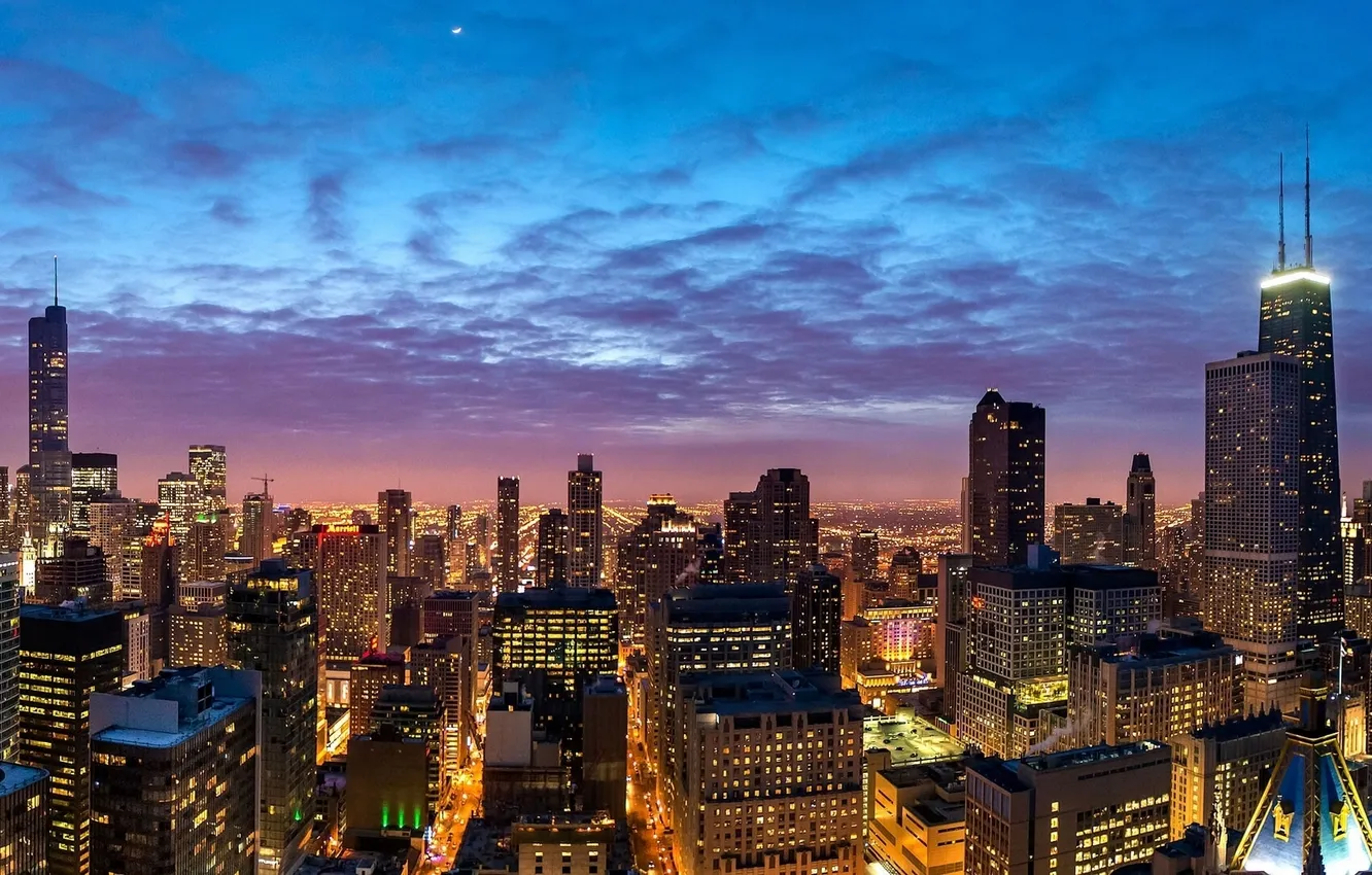 Фото обои здания, Чикаго, панорама, ночной город, Chicago, небоскрёбы