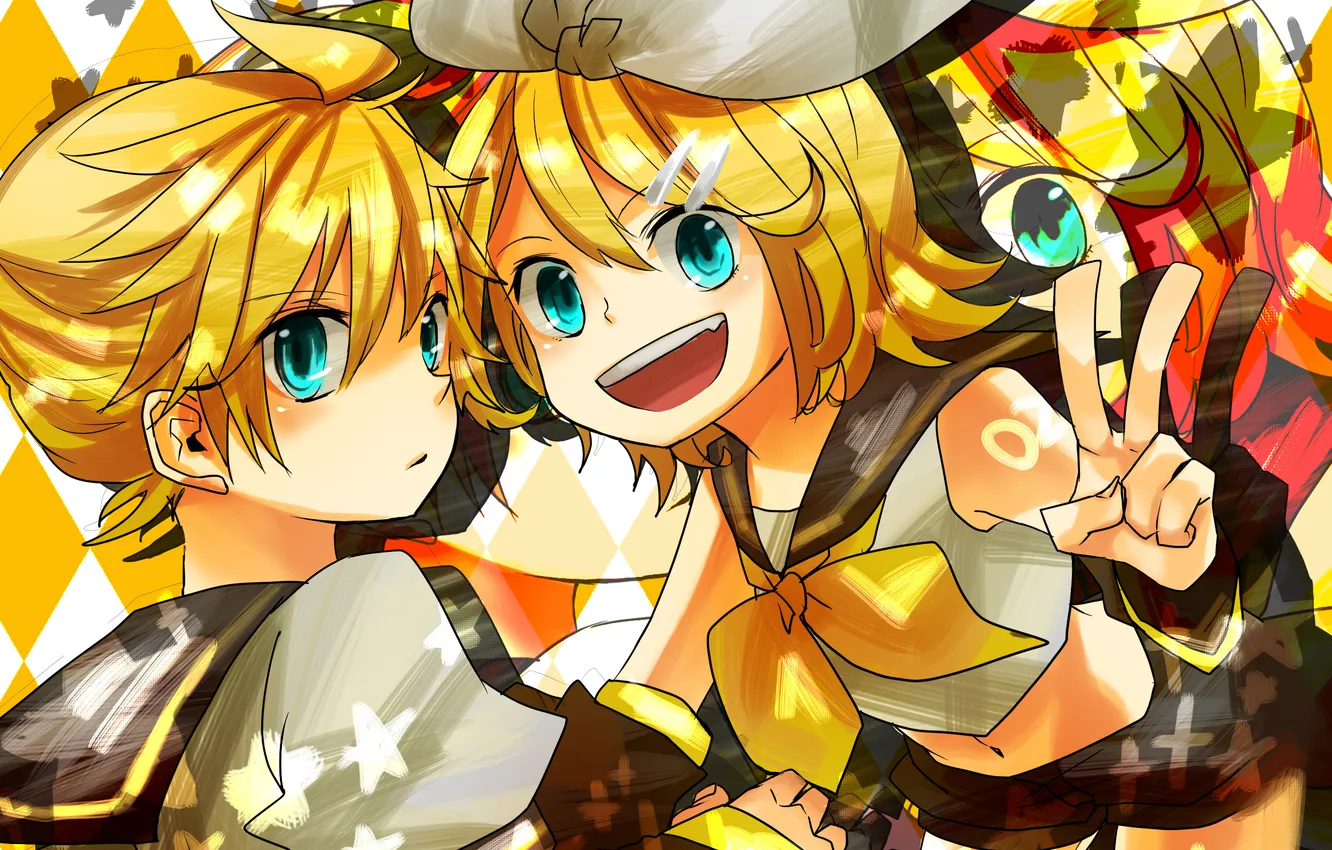 Фото обои мальчик, арт, девочка, vocaloid, бант, жест, <b>kagamine</b> <b>rin</b>, вокало...