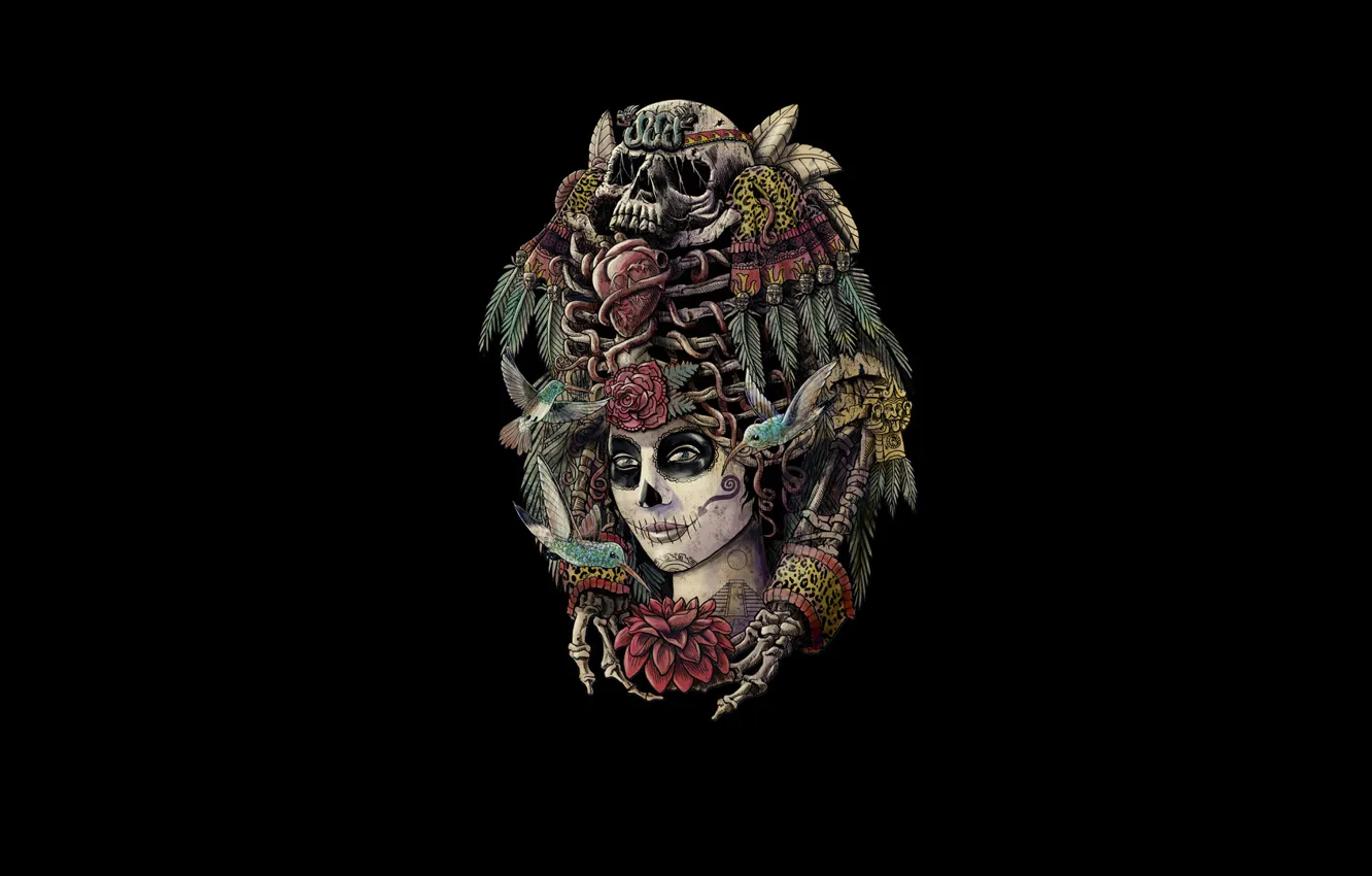 Фото обои девушка, птицы, стиль, череп, скелет, dia de los muertos