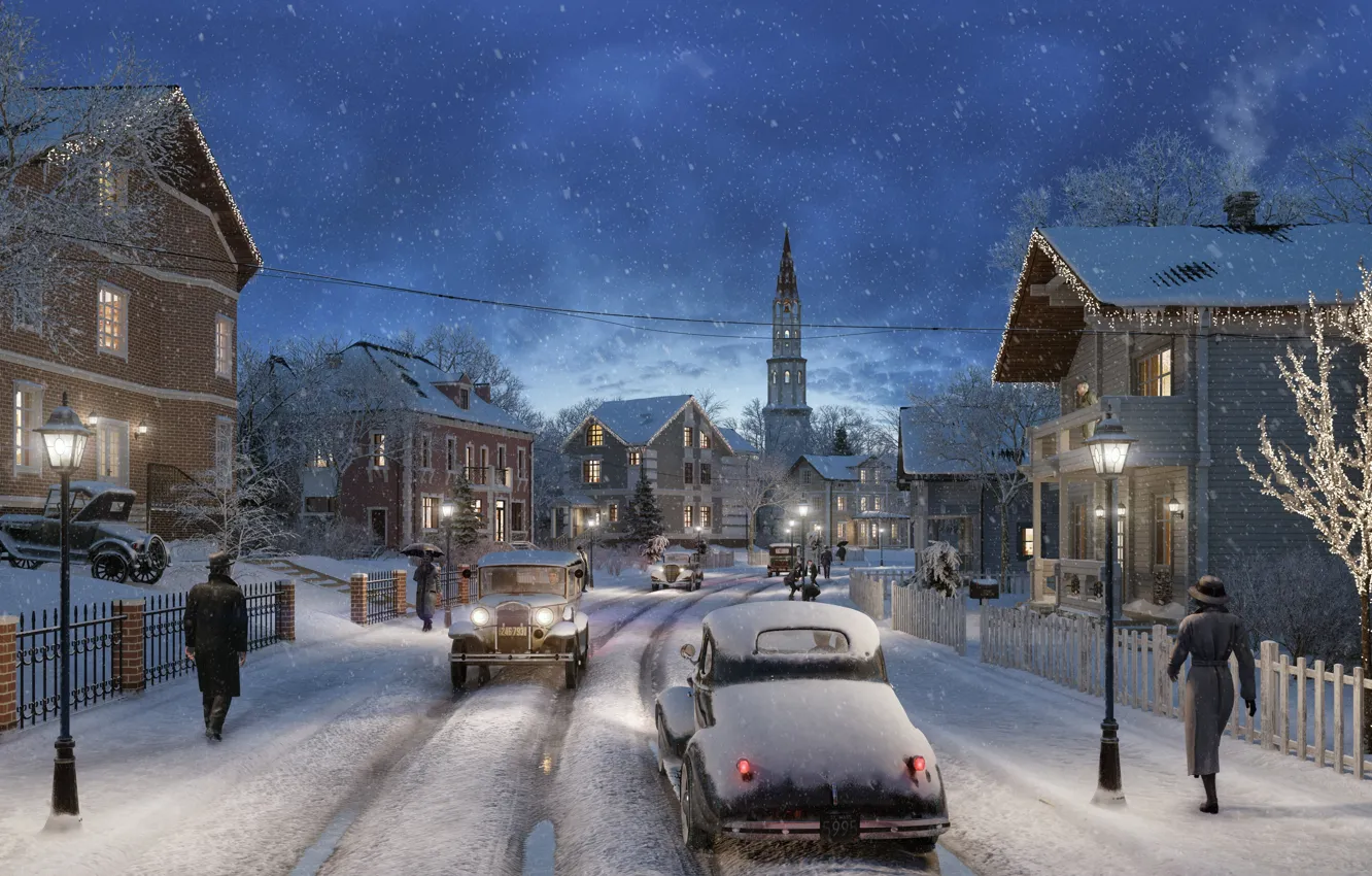 Фото обои дорога, снег, люди, улица, Накануне Рождества