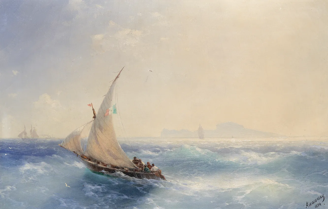 Фото обои лодка, картина, парус, морской пейзаж, Иван Айвазовский, 1894, Отплытие от Острова Искья
