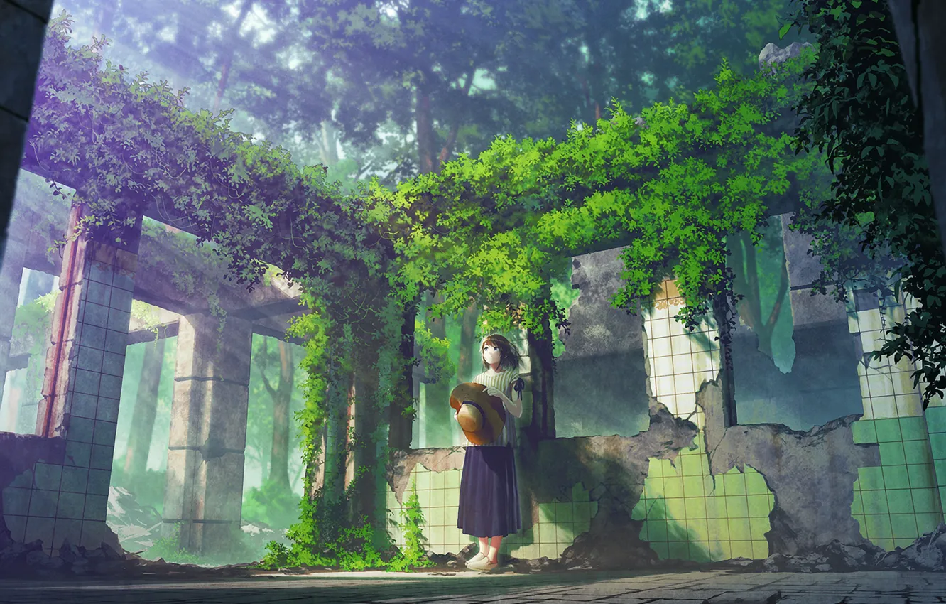 Фото обои девушка, растения, руины