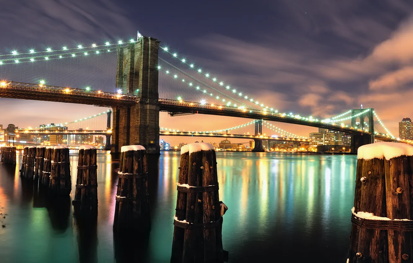 Фото обои снег, ночь, мост, огни, Bridge, Brooklyn, Night, NYC