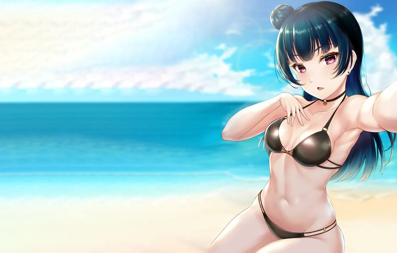 Фото обои girl, sexy, cleavage, beach, long hair, sea, boobs, anime