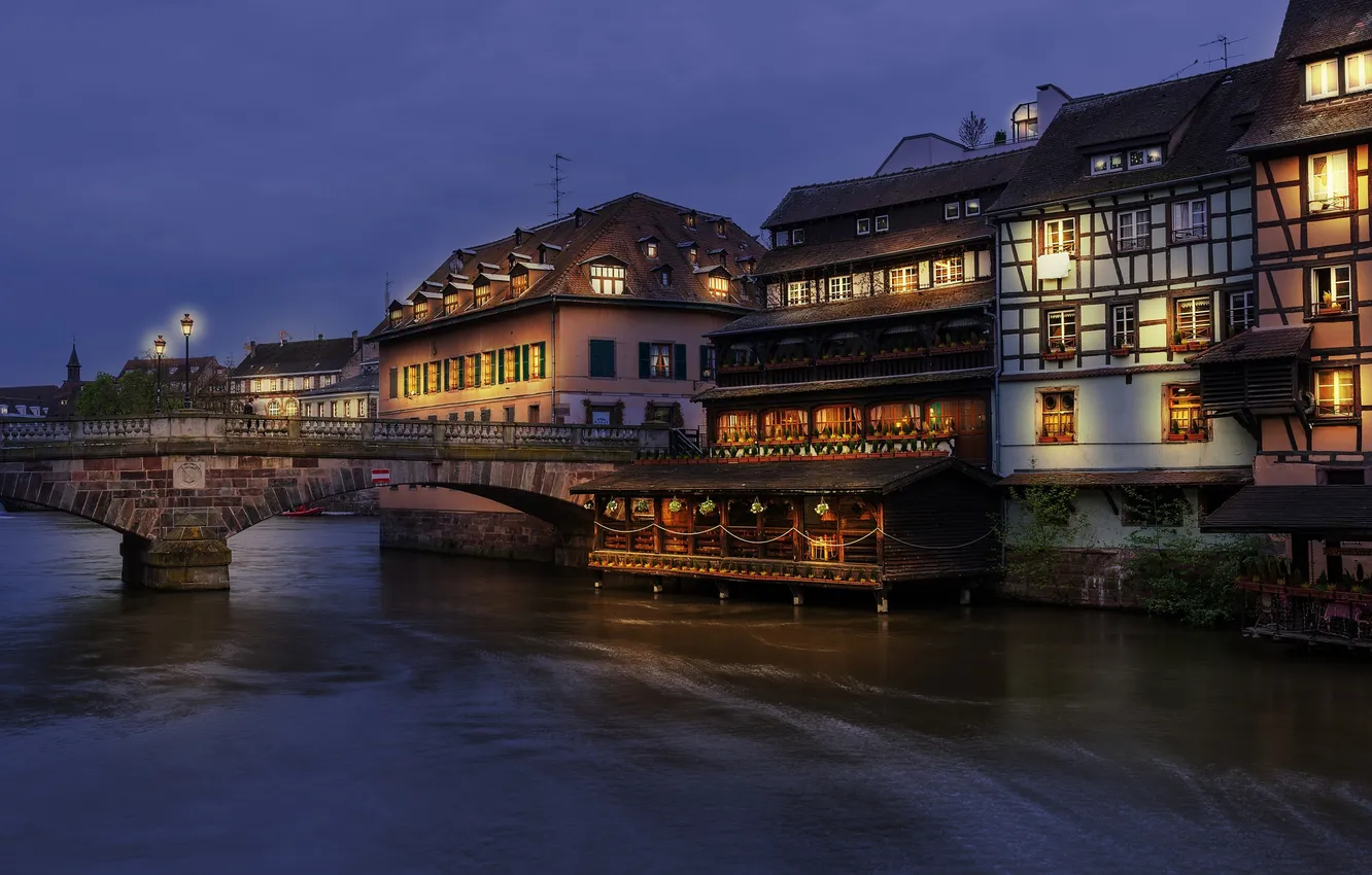 Фото обои ночь, city, город, lights, огни, река, Франция, архитектура