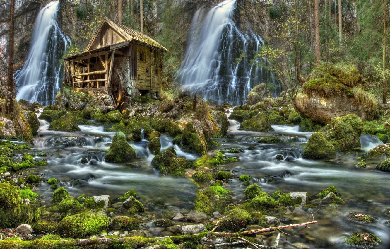 Фото обои пейзаж, природа, камни, водопад, мох, HDR, мельница, домик