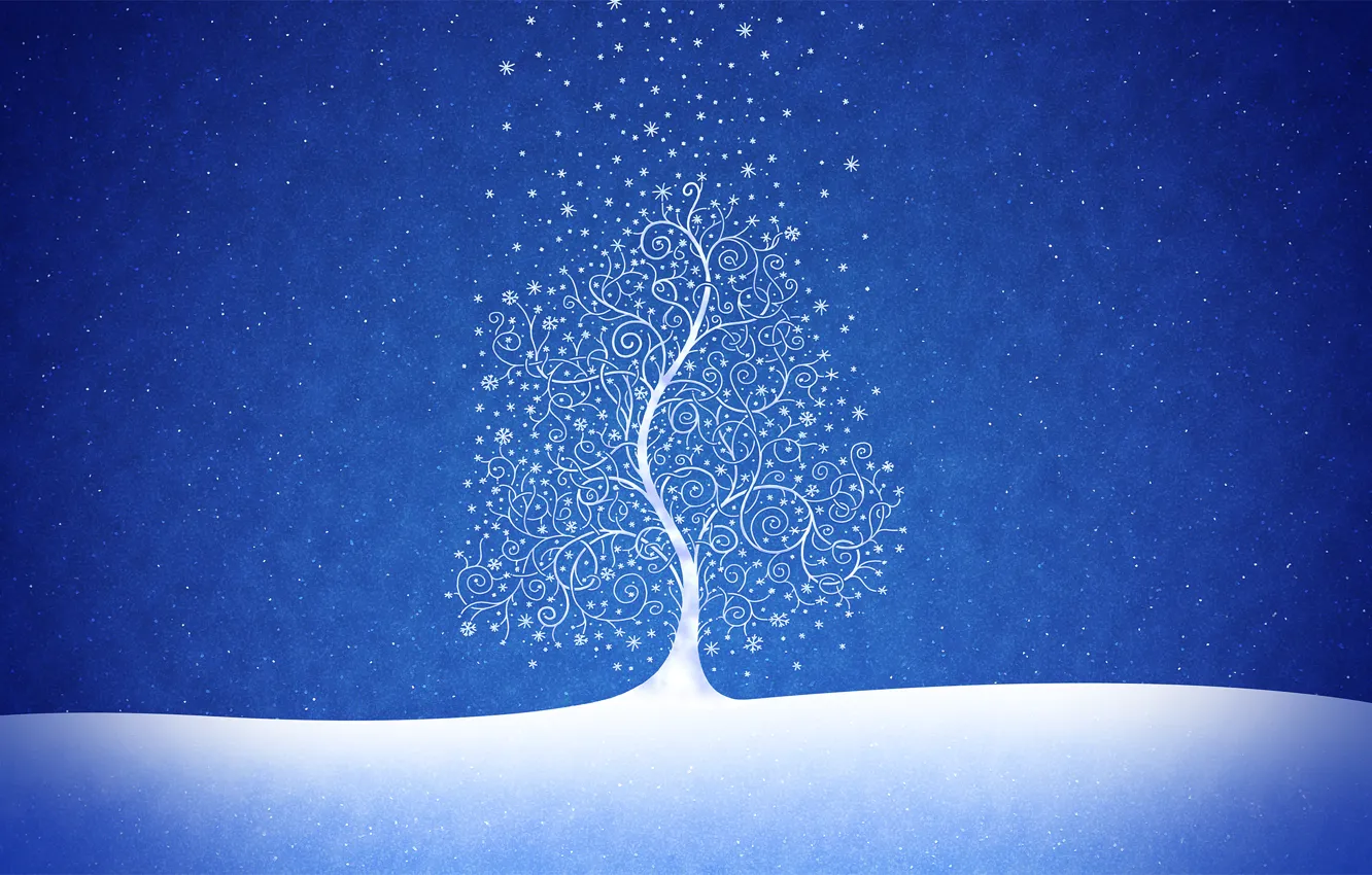 Фото обои снег, синий, дерево, новый год