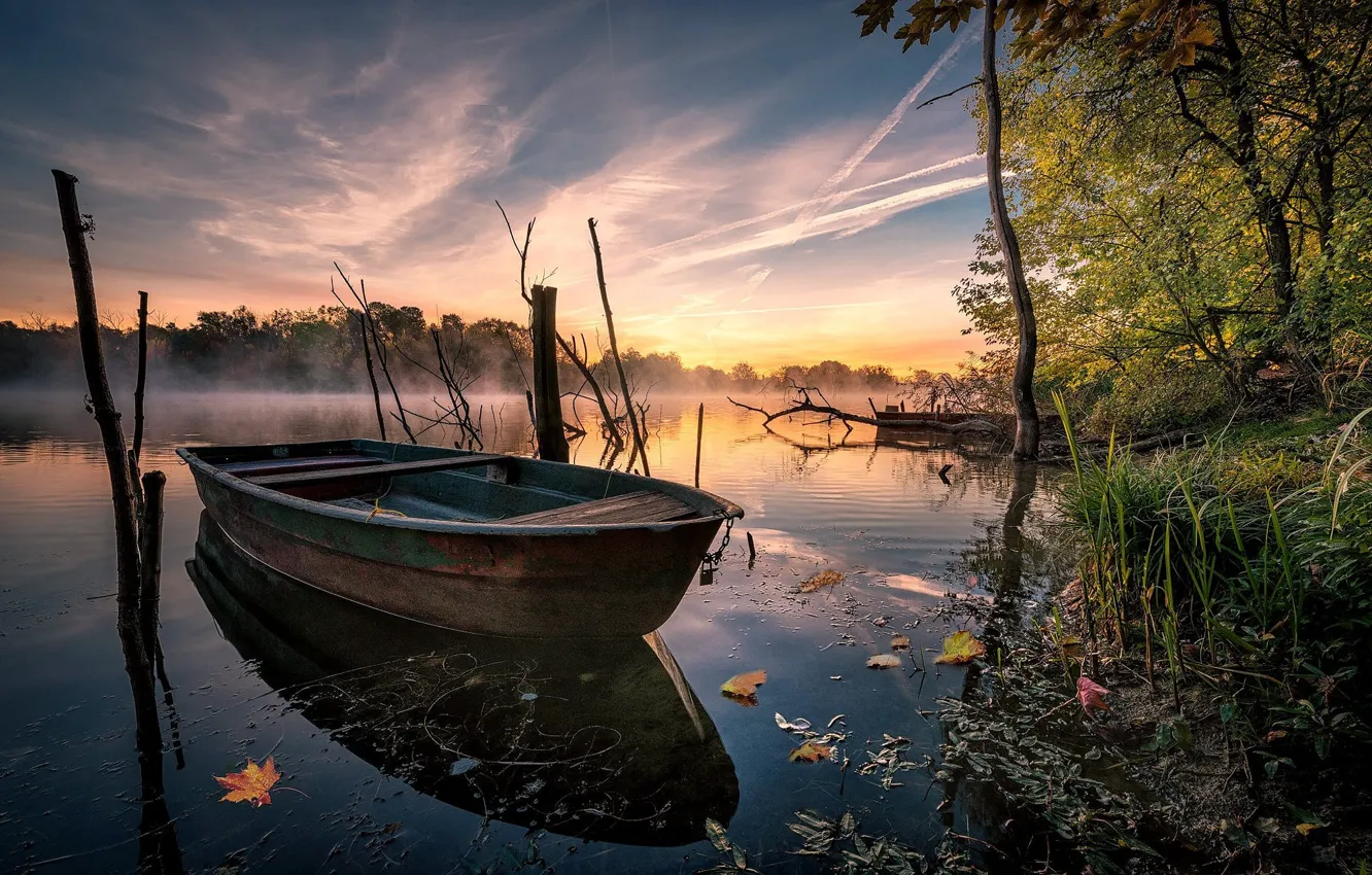 Фото обои осень, пейзаж, природа, туман, озеро, лодка, утро