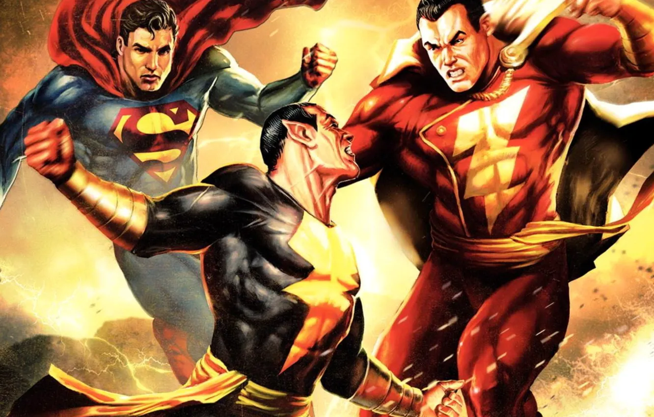 Фото обои Супермен, битва, комиксы, fight, comics, Superman, Shazam, Captain Marvel