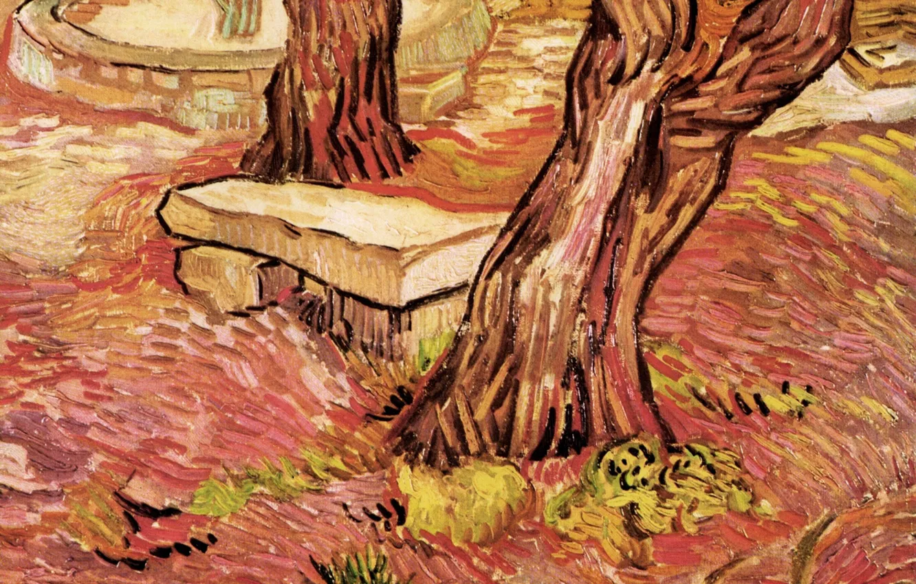 Фото обои лавочка, фонтан, два дерева, Винсент ван Гог, in the Garden, of Saint-Paul Hospital, The Stone …