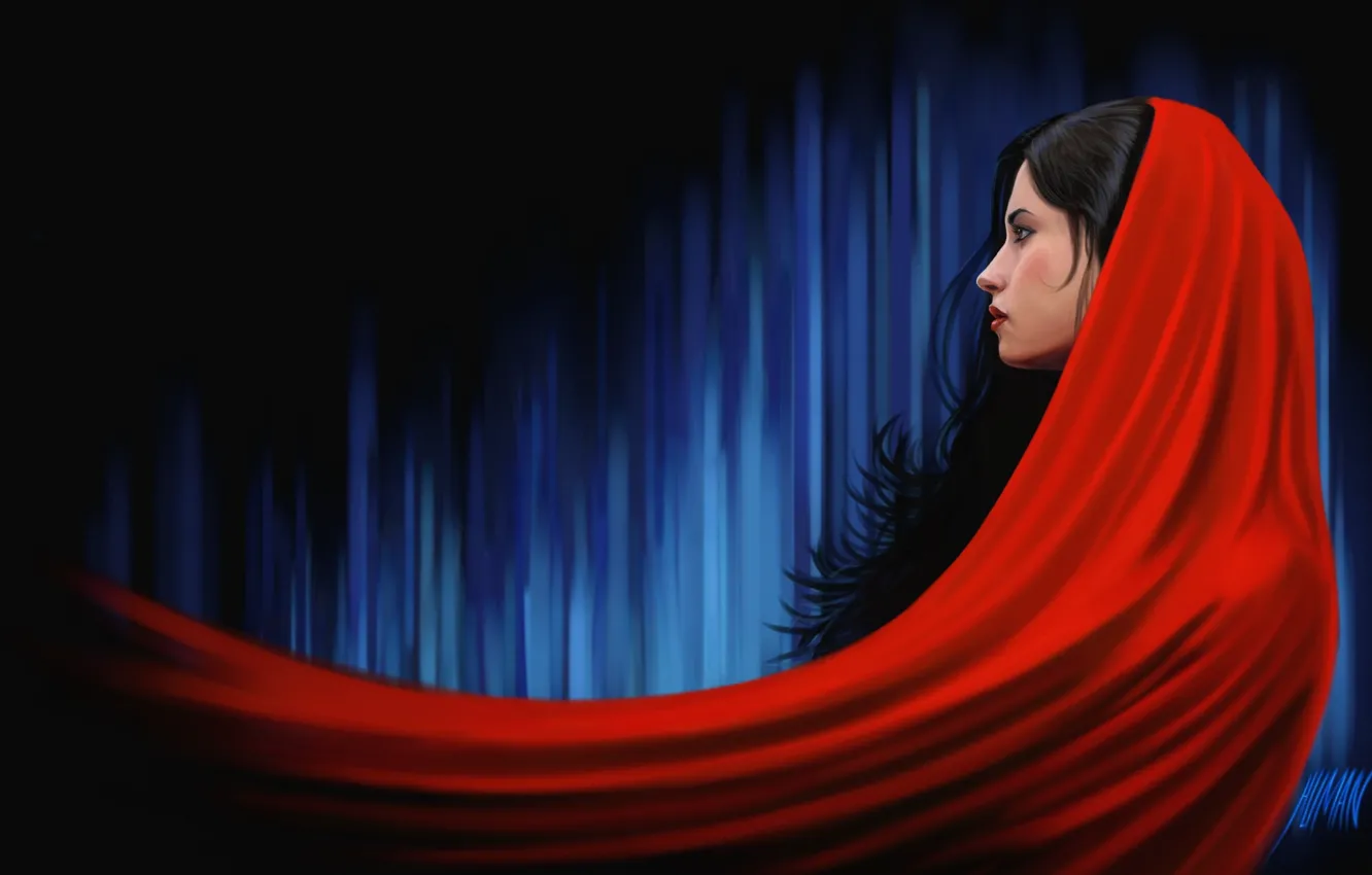 Фото обои девушка, красное, арт, ткань, профиль, накидка, Arash Salehe Shoushtari