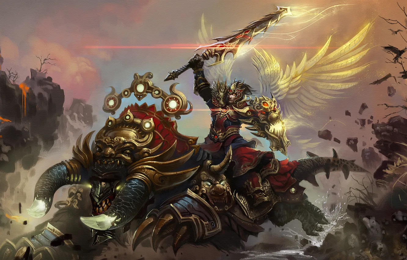 Фото обои крылья, монстр, меч, воин, арт, ящер, лава