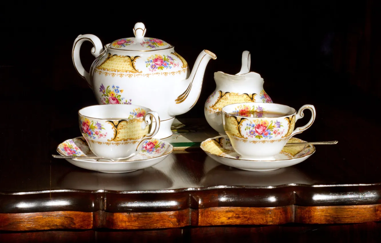 Фото обои чайник, чашки, посуда, чайный набор