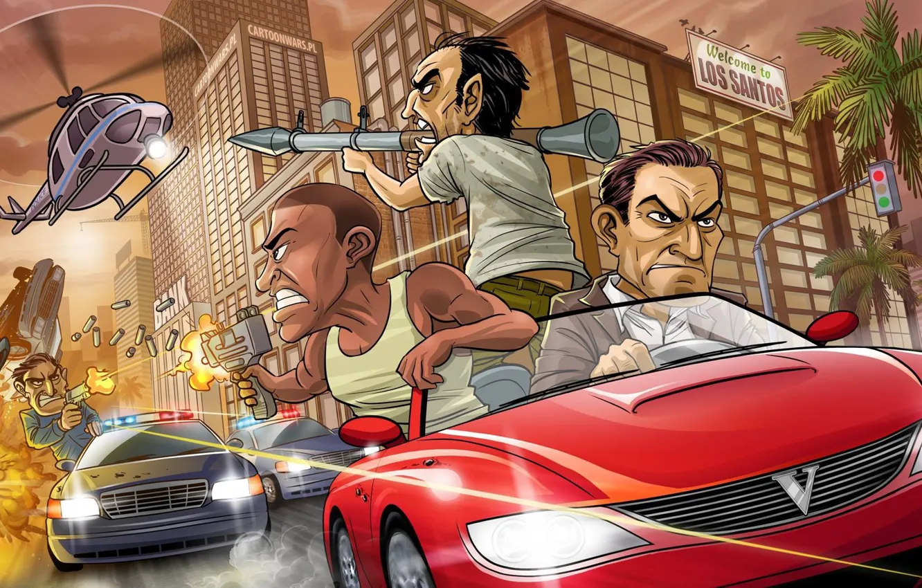 Фото обои оружие, бандиты, Погоня, police, art, Michael, helicopter, Grand Theft Auto V