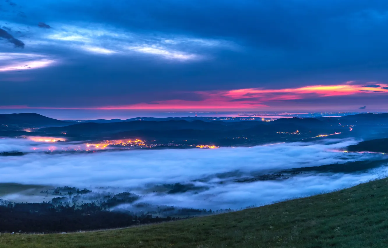 Фото обои city, lights, sea, landscape, nature, sunset, clouds, Slovenia