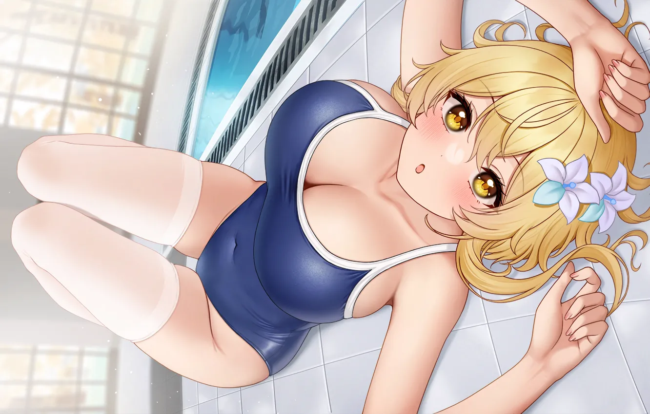 Фото обои girl, sexy, pool, cleavage, thighhighs, legs, boobs, anime