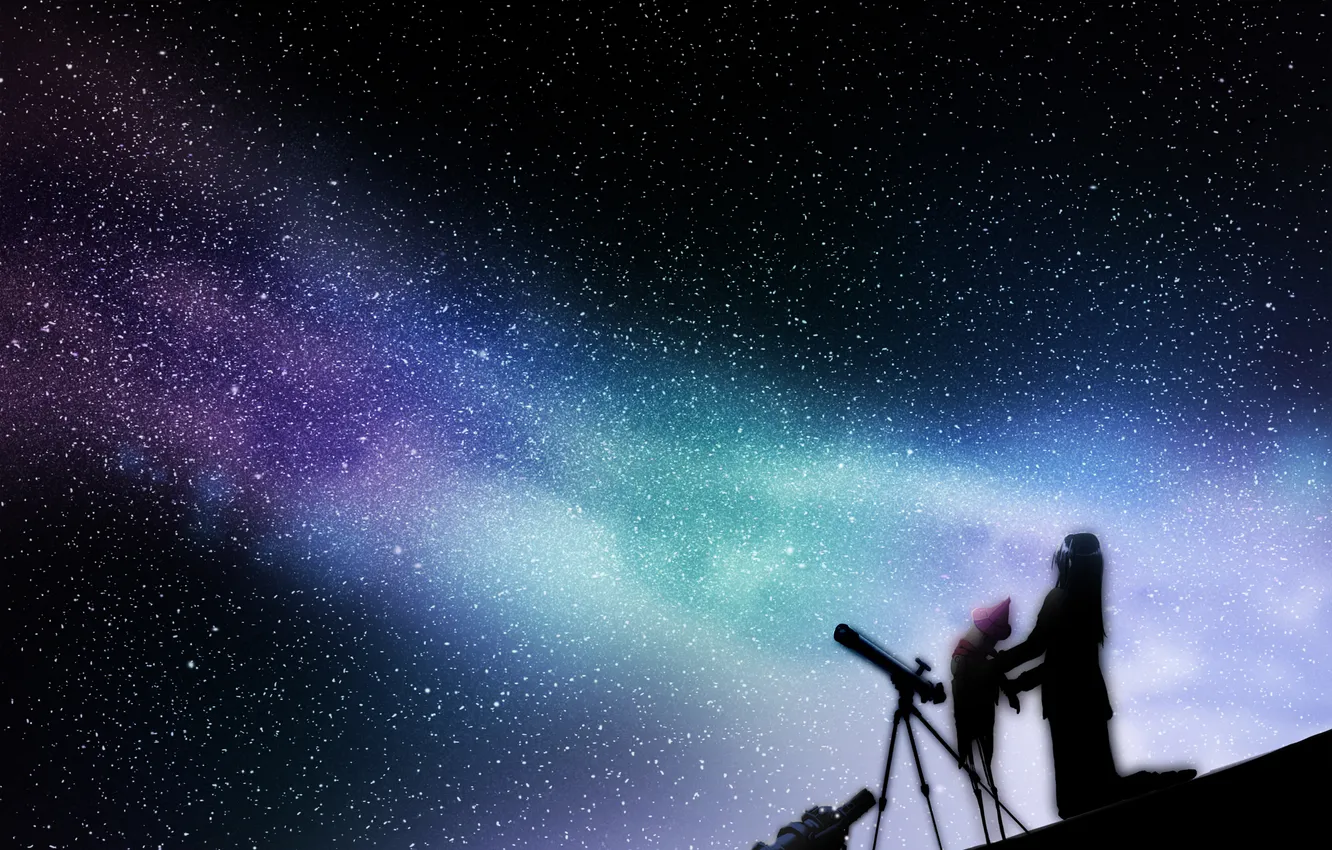 Фото обои девушка, звезды, ночь, сияние, аниме, арт, телескоп, rery rr23
