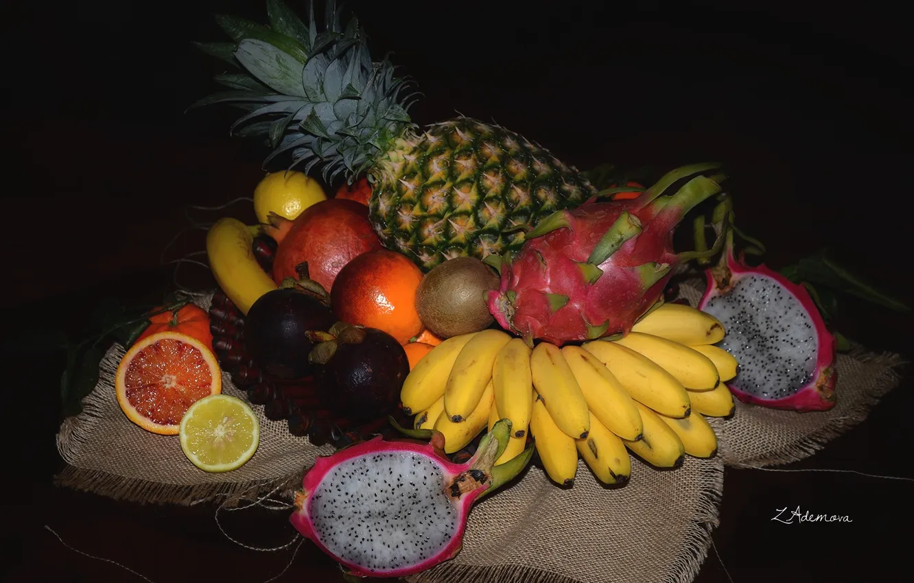 Фото обои апельсин, киви, фрукты, ананас, банан, гранат, питахайя