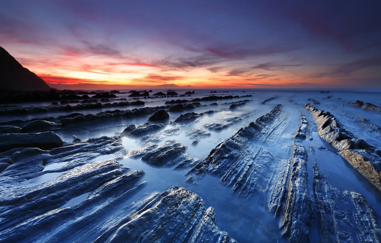 Фото обои море, небо, вода, закат, камни, скалы