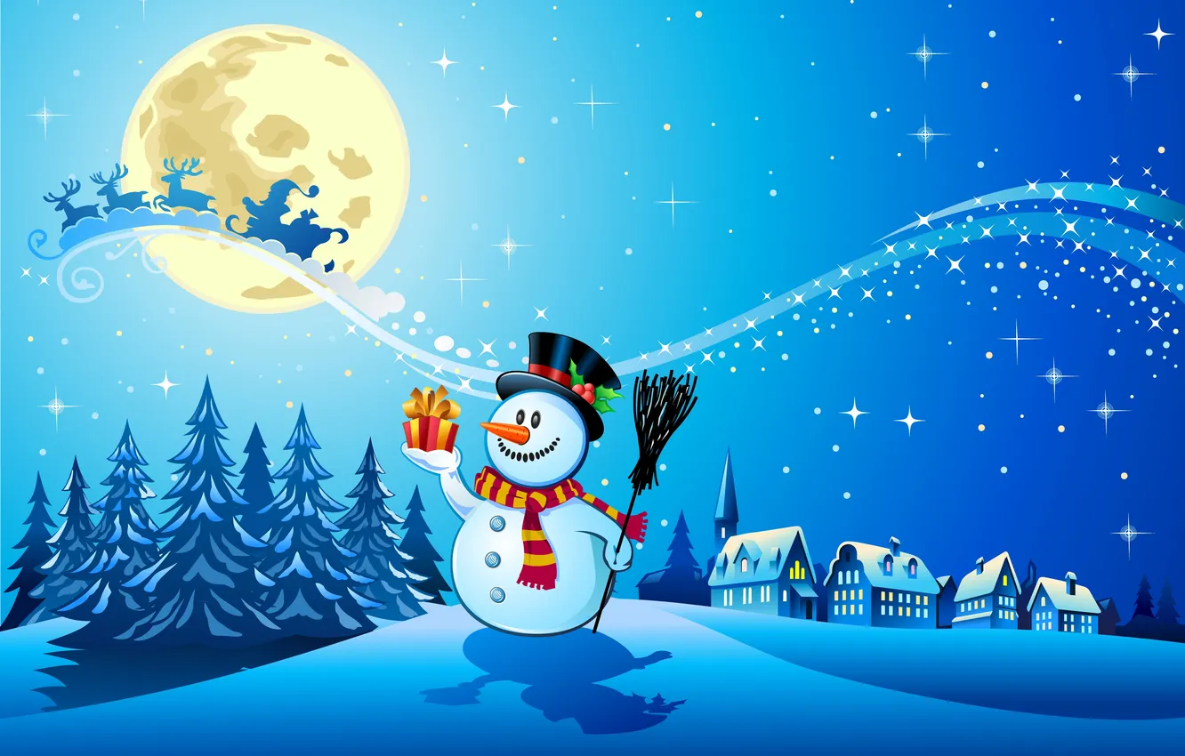 Фото обои снег, деревья, новый год, шарф, снеговик, new year, trees, snow