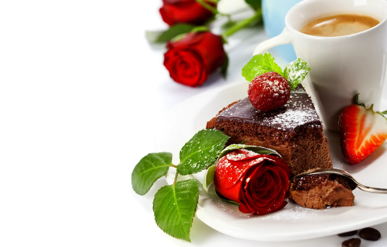 Фото обои цветы, малина, кофе, розы, клубника, чашка, торт, rose