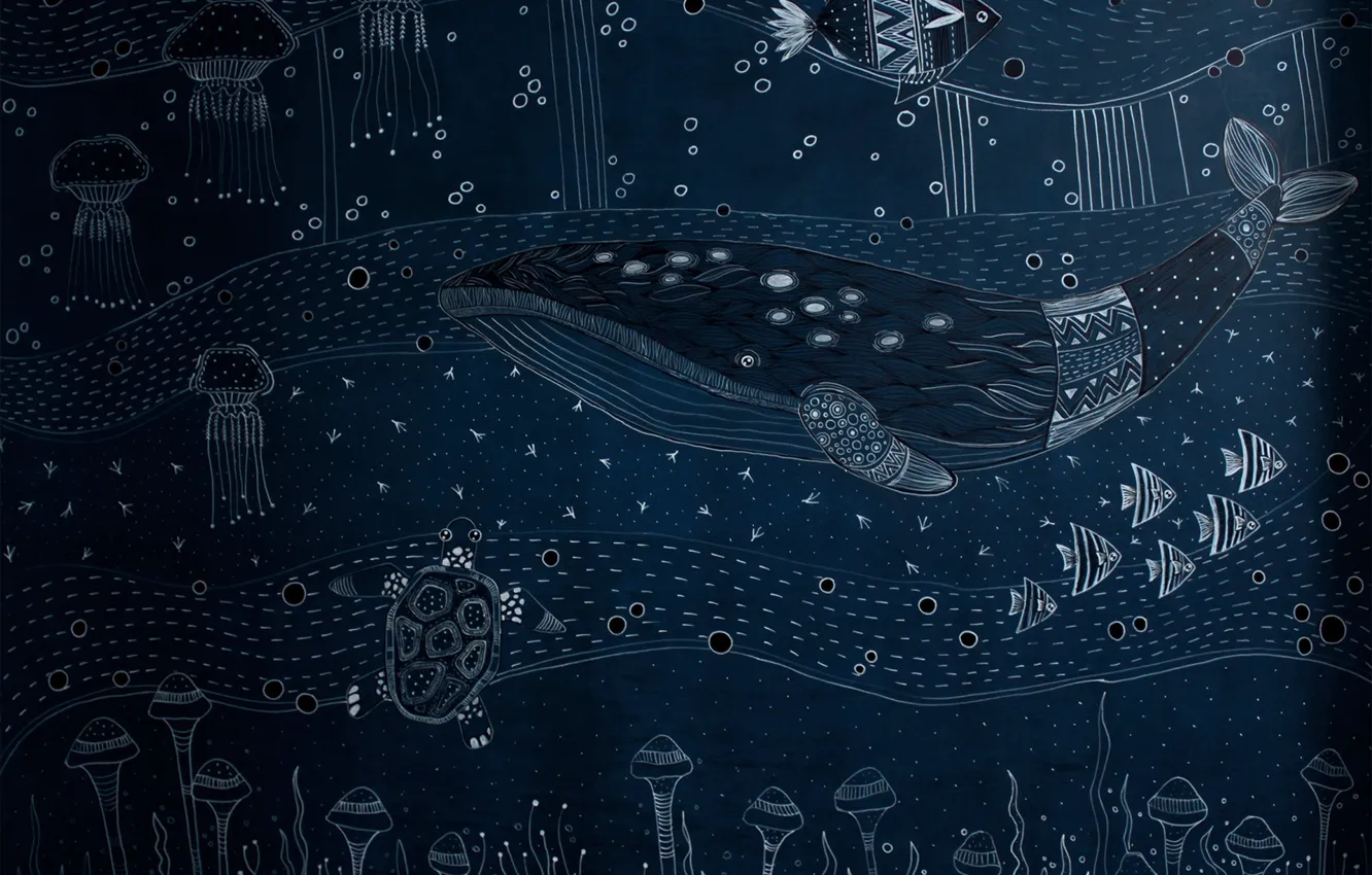 Фото обои рыбы, черепаха, кит, WALL MURAL, DEEP BLUE