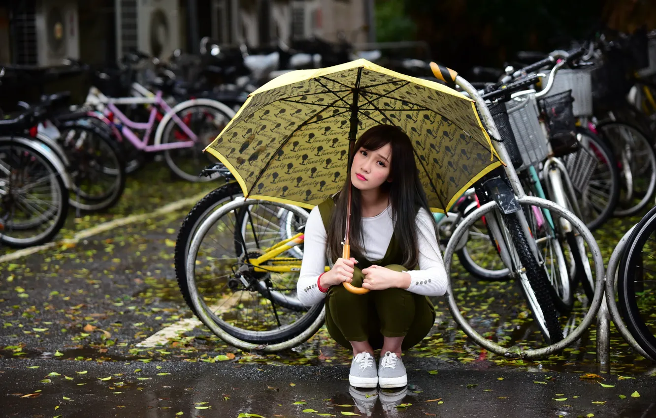Фото обои девушка, зонтик, улица, милашка