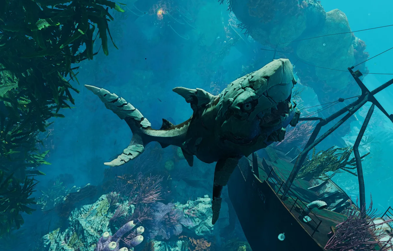 Фото обои водоросли, рыба, акула, под водой, Maneater