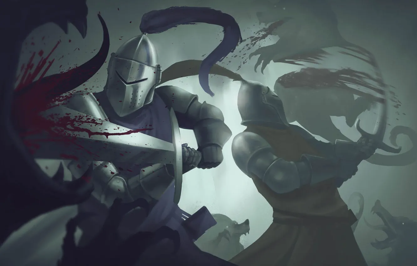 Фото обои монстры, битва, рыцари, Mikael Kihlstrand
