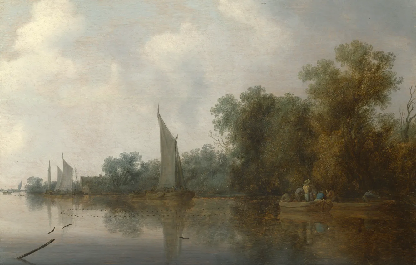 Фото обои пейзаж, картина, Salomon van Ruysdael, Саломон ван Рёйсдал, Рыбаки на Реке Убирающие Сеть
