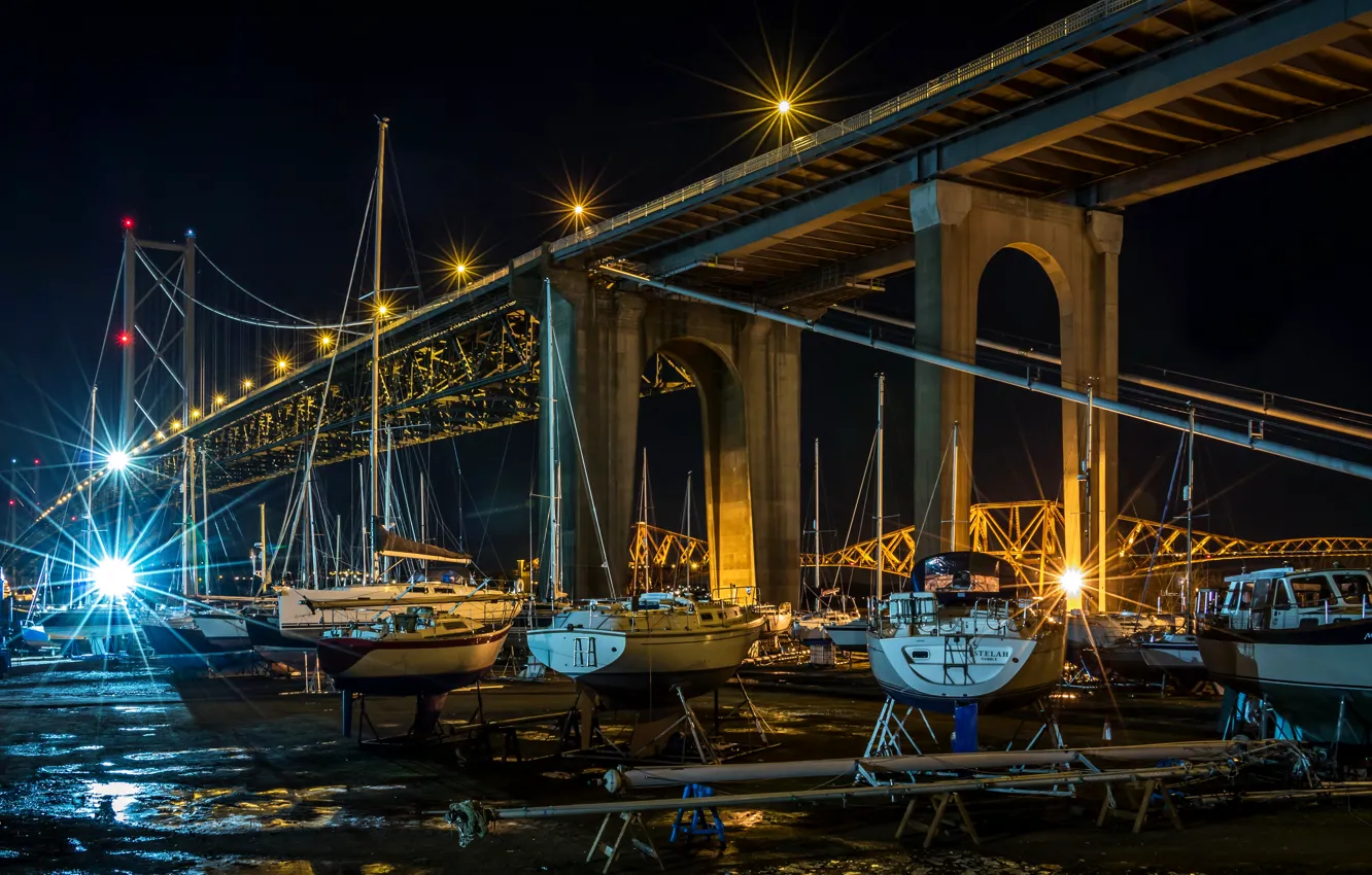 Фото обои ночь, мост, лодки, причал, Шотландия, Scotland, Edinburgh, Bridges