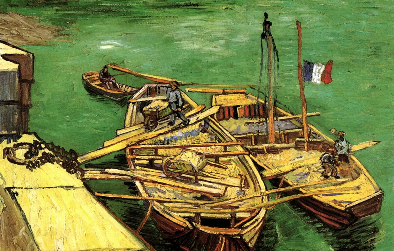 Фото обои лодки, Vincent van Gogh, флаг франции, Unloading Sand Barges, Quay with Men